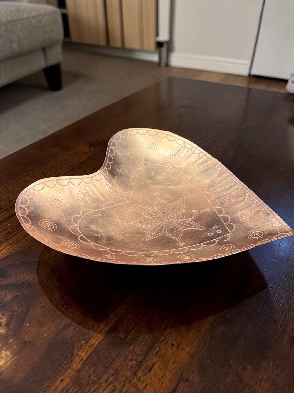 Vintage Engraved Copper Heart-Shaped Footed Decorative Bowl/Tray 9.5” Etched EUC
